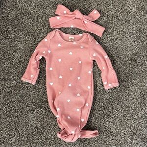 Pink Heart Patterned Kids One Piece with Headband